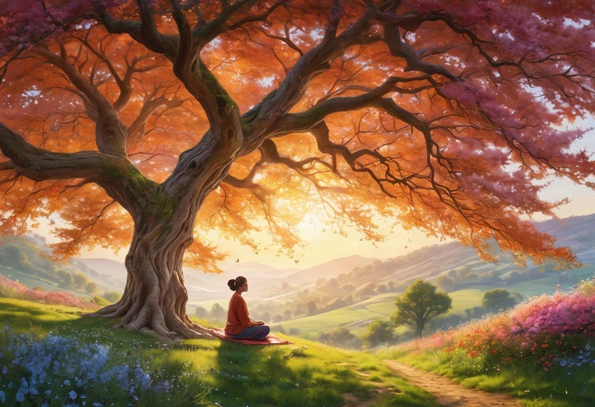 A serene landscape featuring a gentle sunrise over rolling hills, with a person meditating under a tree, surrounded by blooming flowers and butterflies. Incorporate warm, inviting colors that evoke a sense of peace and self-care. Include soft rays of light streaming through the branches to enhance the feeling of tranquility. The scene should feel uplifting and full of life. super-realistic. vibrant colors.