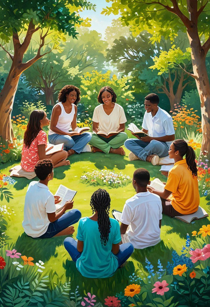A serene park scene with diverse individuals gathered in a circle, sharing stories and laughter, surrounded by lush greenery and colorful flowers. Soft sunlight filters through the trees, creating a warm and inviting atmosphere. Include symbols of support like hands holding hearts or open books around the circle. Illustrate a sense of connection and community with vibrant colors. painting. soft focus.
