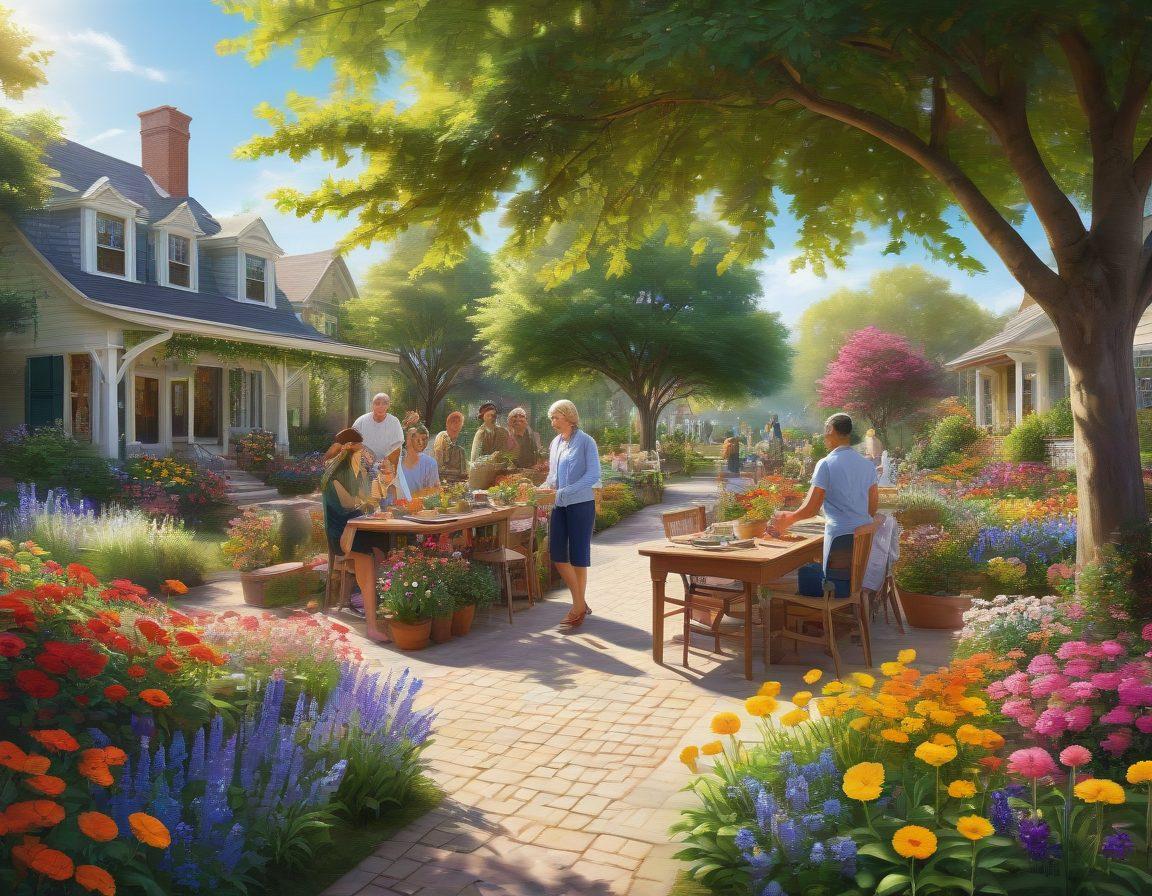 A vibrant and welcoming community scene depicting diverse people smiling and engaging in joyful activities like gardening, painting, and laughing together. The background features colorful flowers and trees, symbolizing growth and support. Warm, sunny lighting enhances the cheerful atmosphere. super-realistic. vibrant colors. uplifting tones.